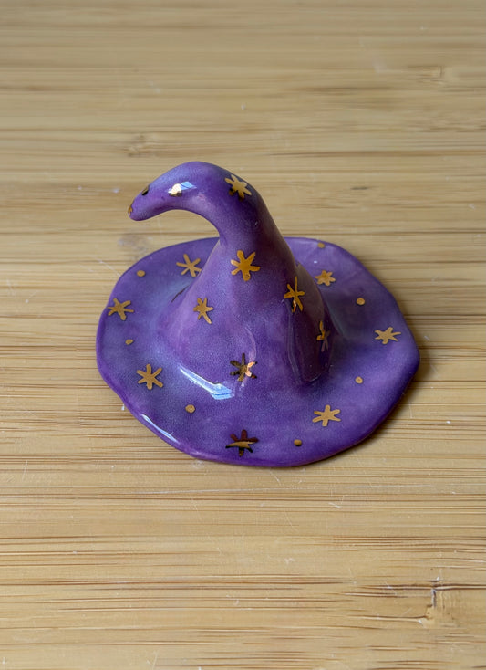 Ceramic Witch Hat Figurine with Gold Luster Stars | Stoneware Witchy Decor | Miniature Halloween Topper & Candle Snuffer | Spooky Desk Decor
