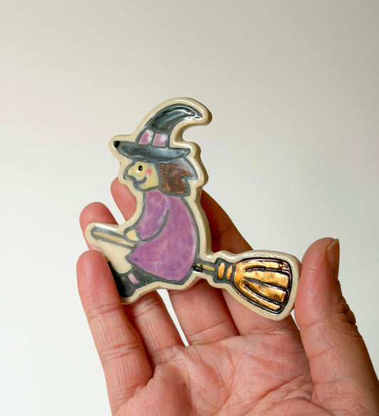 Handmade Ceramic Witch Magnet with Real 22k Gold Luster Details