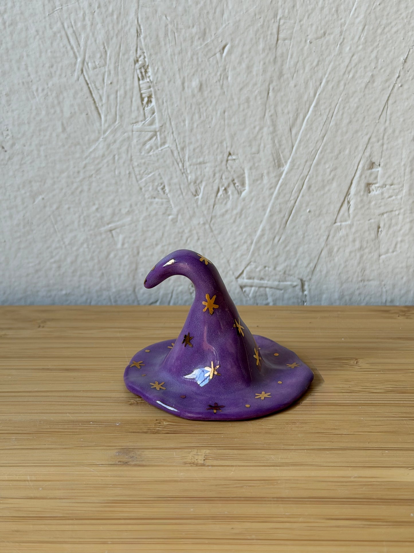 Ceramic Witch Hat Figurine with Gold Luster Stars | Stoneware Witchy Decor | Miniature Halloween Topper & Candle Snuffer | Spooky Desk Decor