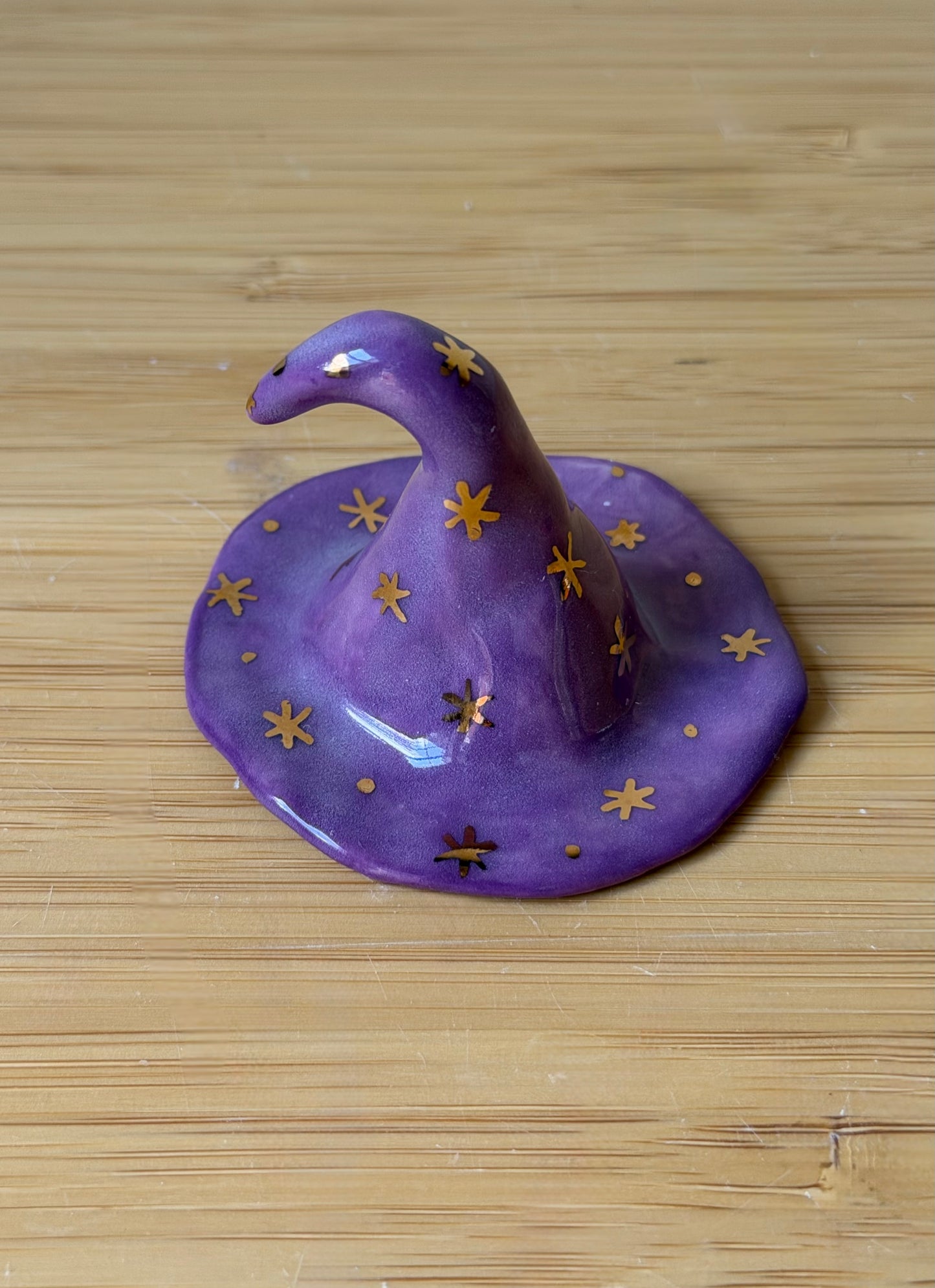 Ceramic Witch Hat Figurine with Gold Luster Stars | Stoneware Witchy Decor | Miniature Halloween Topper & Candle Snuffer | Spooky Desk Decor
