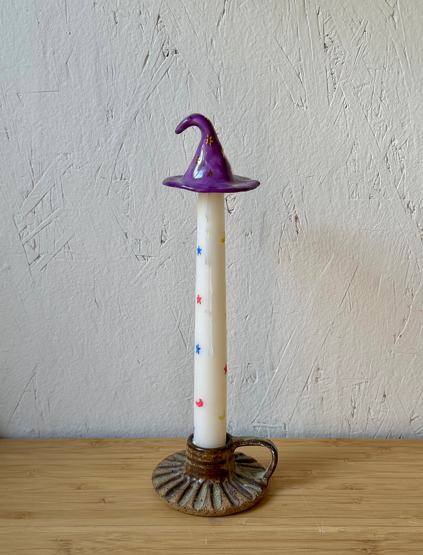 Ceramic Witch Hat Figurine with Gold Luster Stars | Stoneware Witchy Decor | Miniature Halloween Topper & Candle Snuffer | Spooky Desk Decor